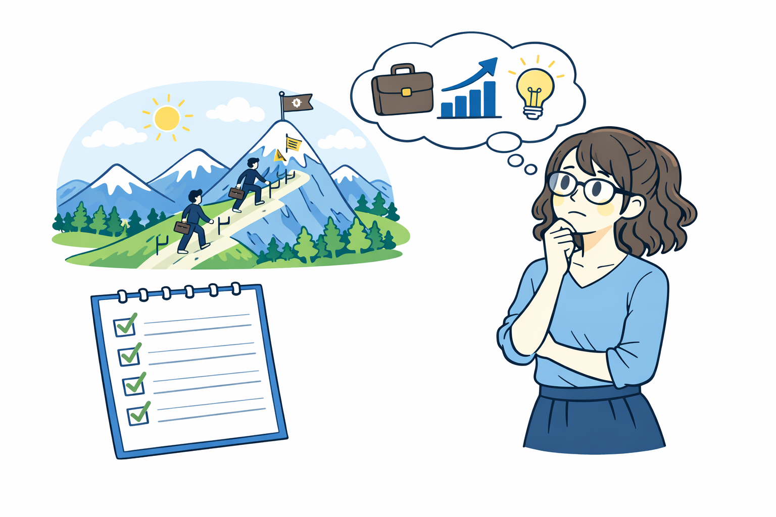 今後の働き方とキャリアを見直したい人物のイラスト