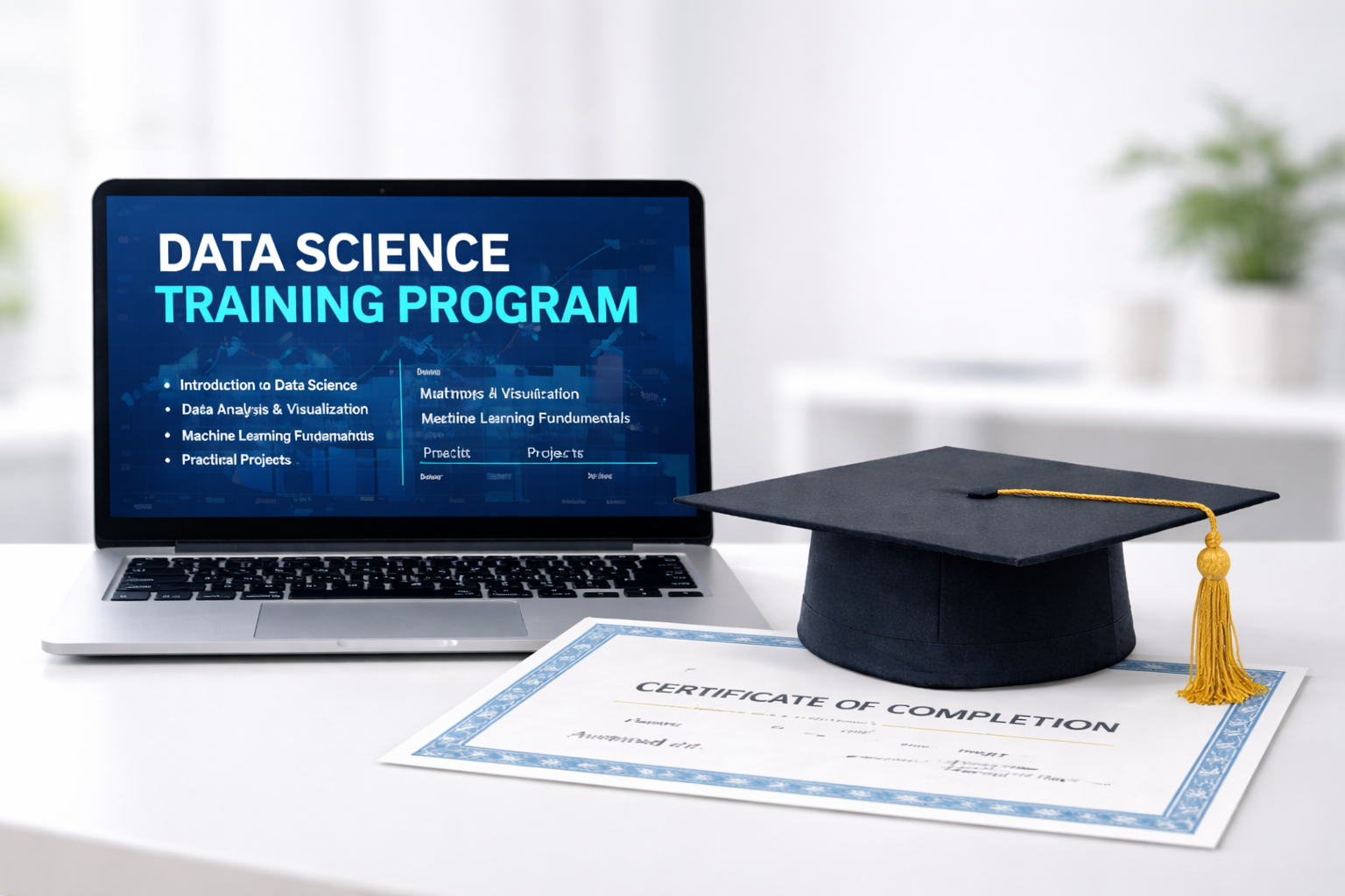 データサイエンス講座の修了証とノートパソコン