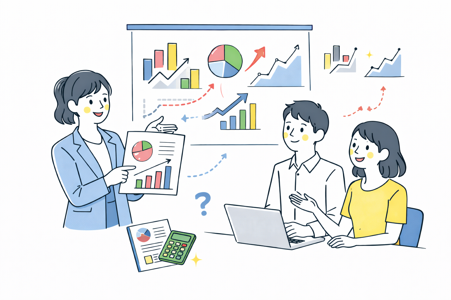 会議で資料を見ながら議論するビジネスパーソン