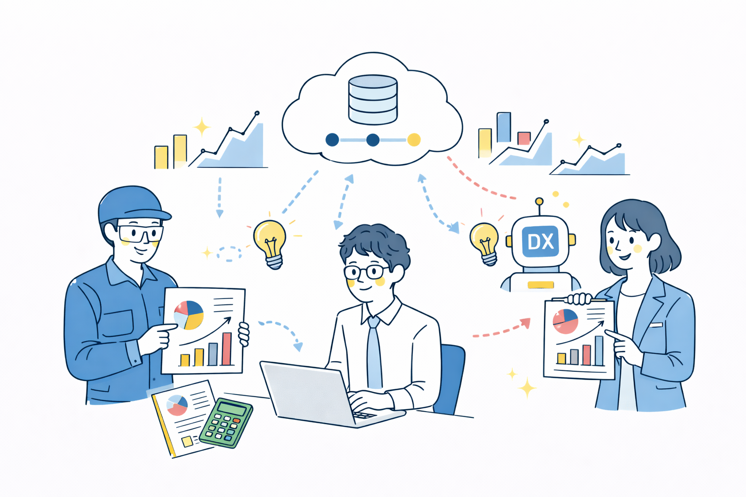 PCでデータを確認しながら働くビジネスパーソン