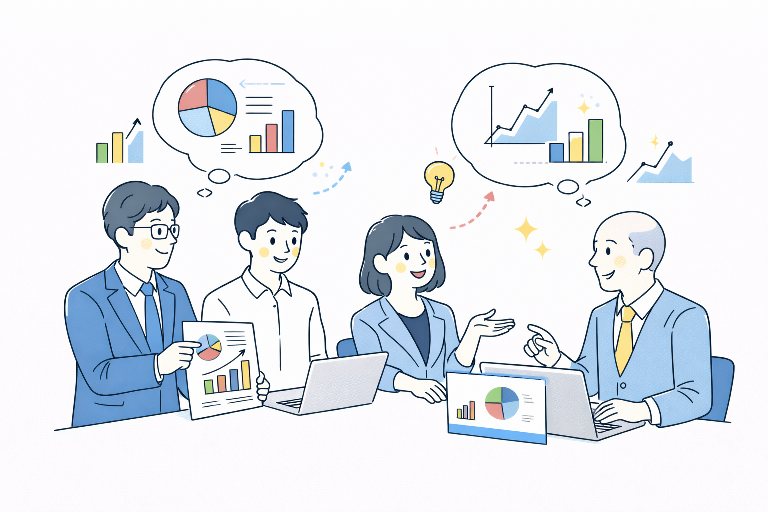 複数のメンバーで画面を見ながら話し合う様子